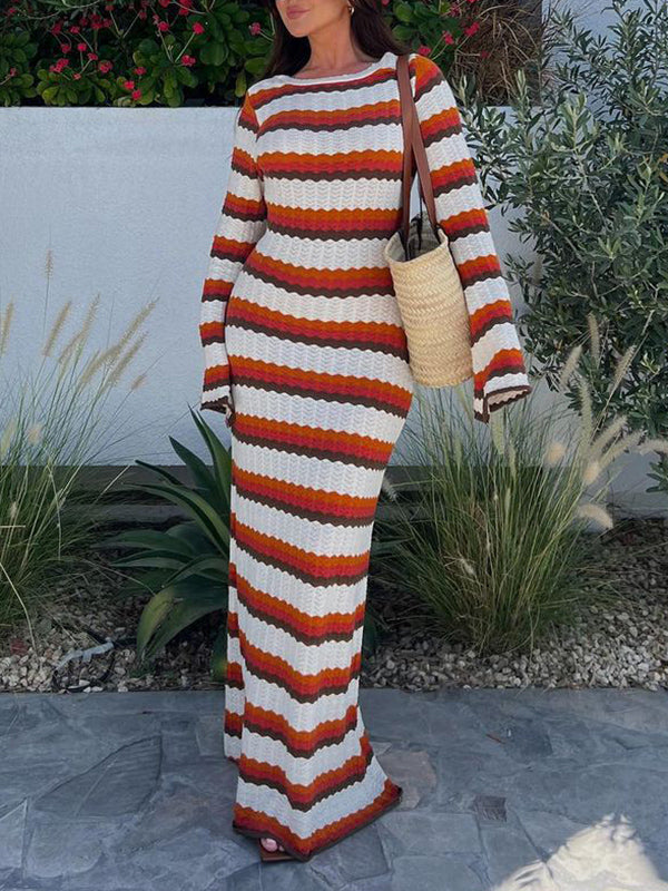 Long Sleeves Loose Backless Split-Joint Striped Round-Neck Maxi Dresses Sweater Dresses