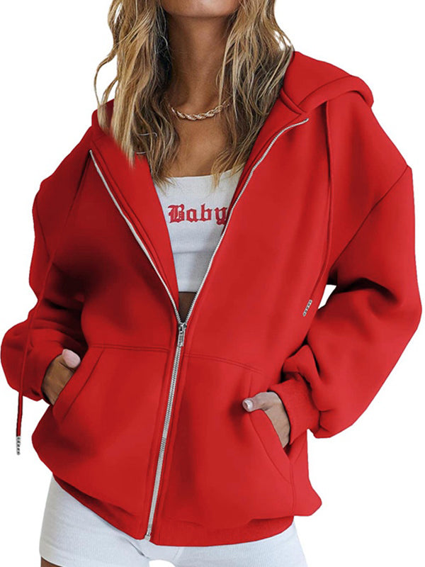 Solid Drawstring Zip Up Oversized Hoodie