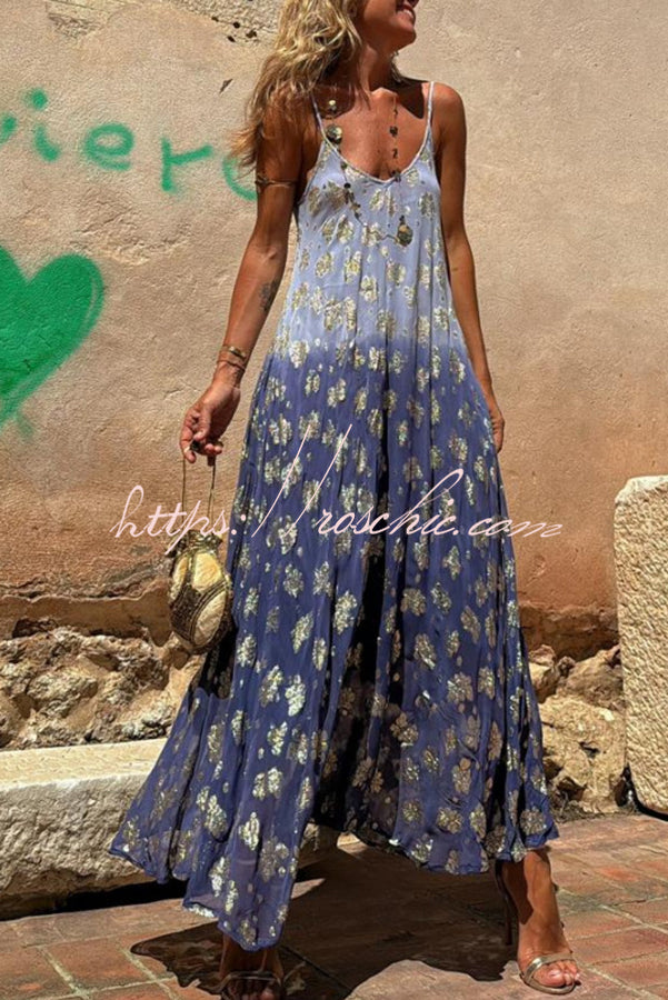 Bianca Tie Dye Gradient Flower Print Pocketed A-line Slip Maxi Dress