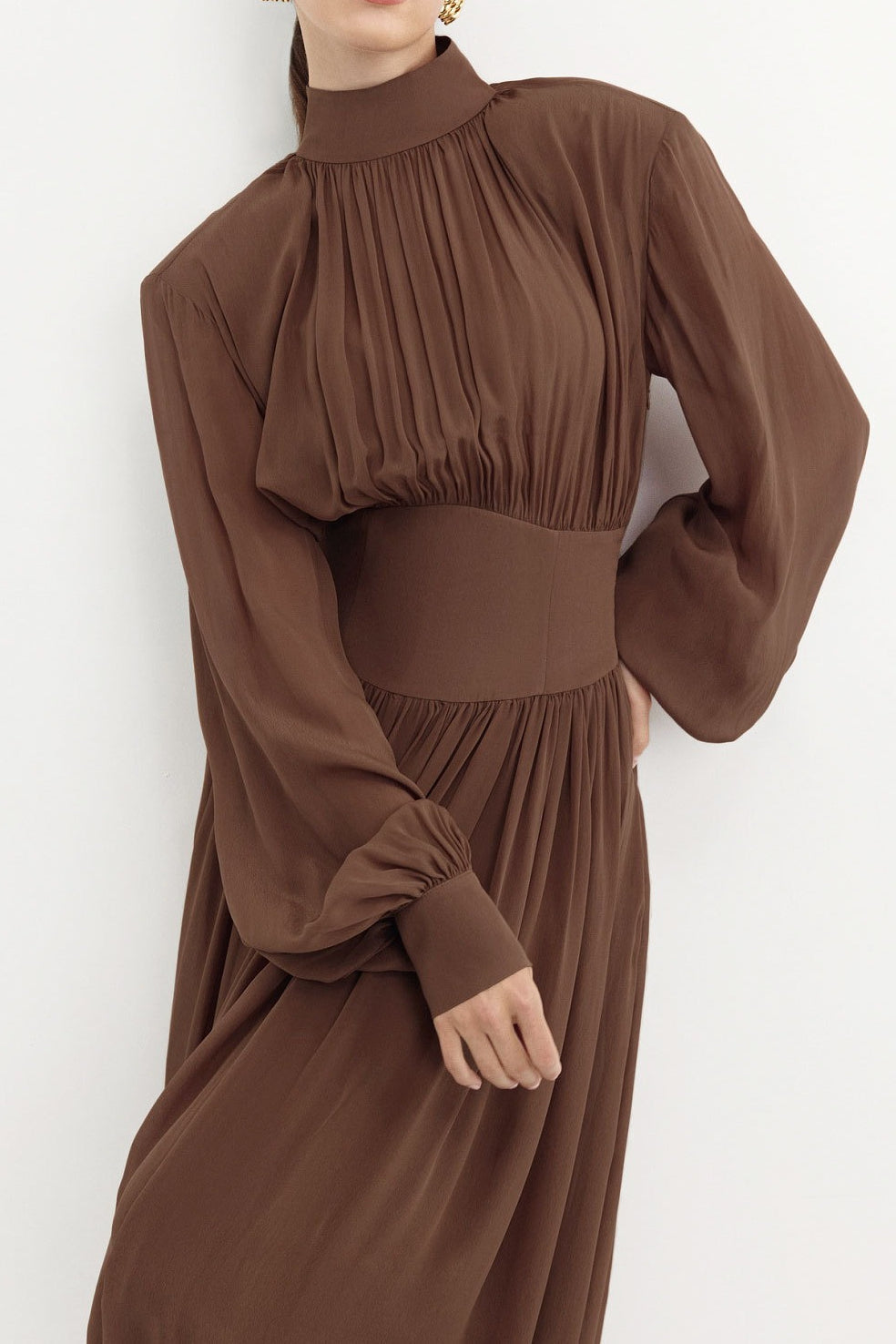 Mock Neck Pleated Bishop Sleeve Balloon Hem Maxi Dress