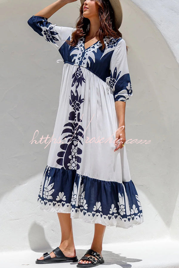Unique Printed V-neck Loose Resort Style Midi Dress
