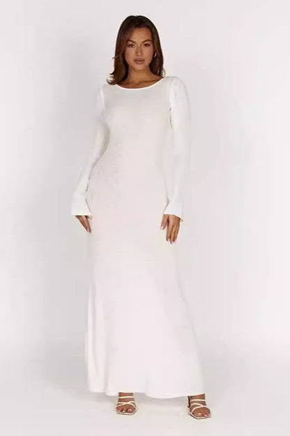 Sexy Knit Backless Tie Waist Long Sleeve Bodycon Dress