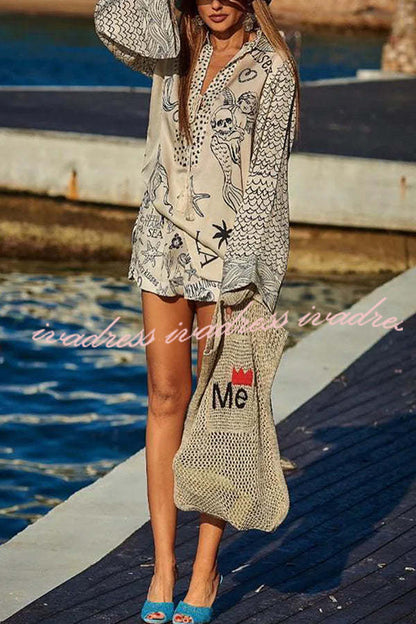 Live By Water Satin Unique Print Tassle Shirt and Elastic Waist Shorts Set