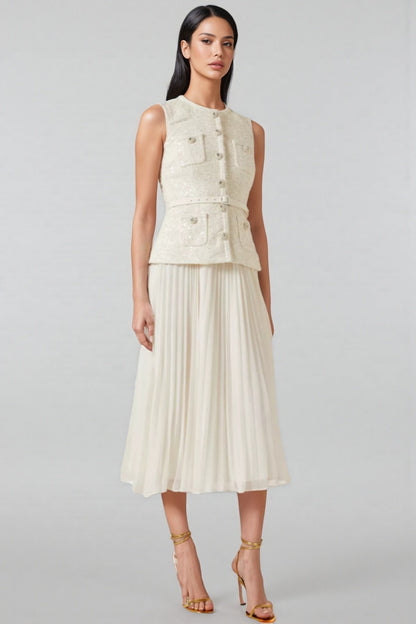 Zahra White Boucle Belted Midi Dress Set