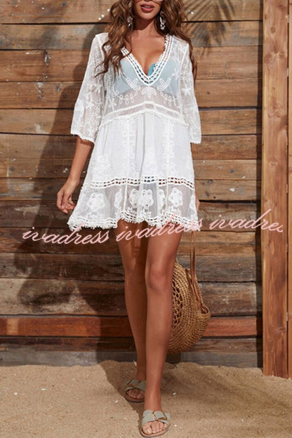 Lace V Neck Hollow Short Sleeved Cover Up