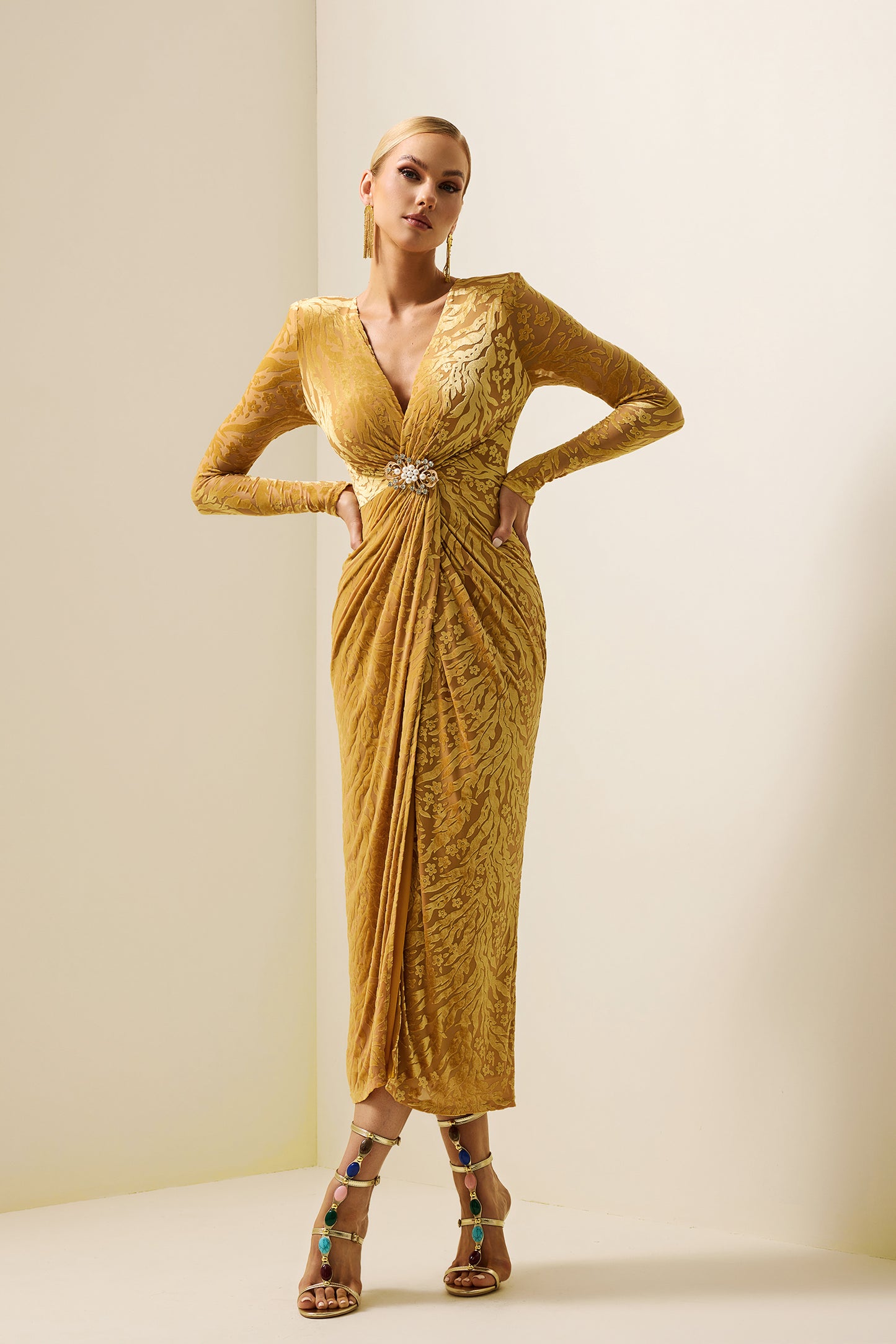 Velvet Burn Out Floral Knotted Midi Dress
