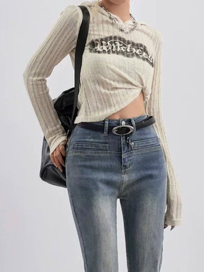 Letter Print Hooded Thin Long Sleeve Knit