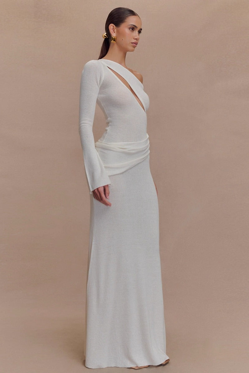One Shoulder Long Sleeve Cutout Bodice Draped Waist Column Maxi Dress