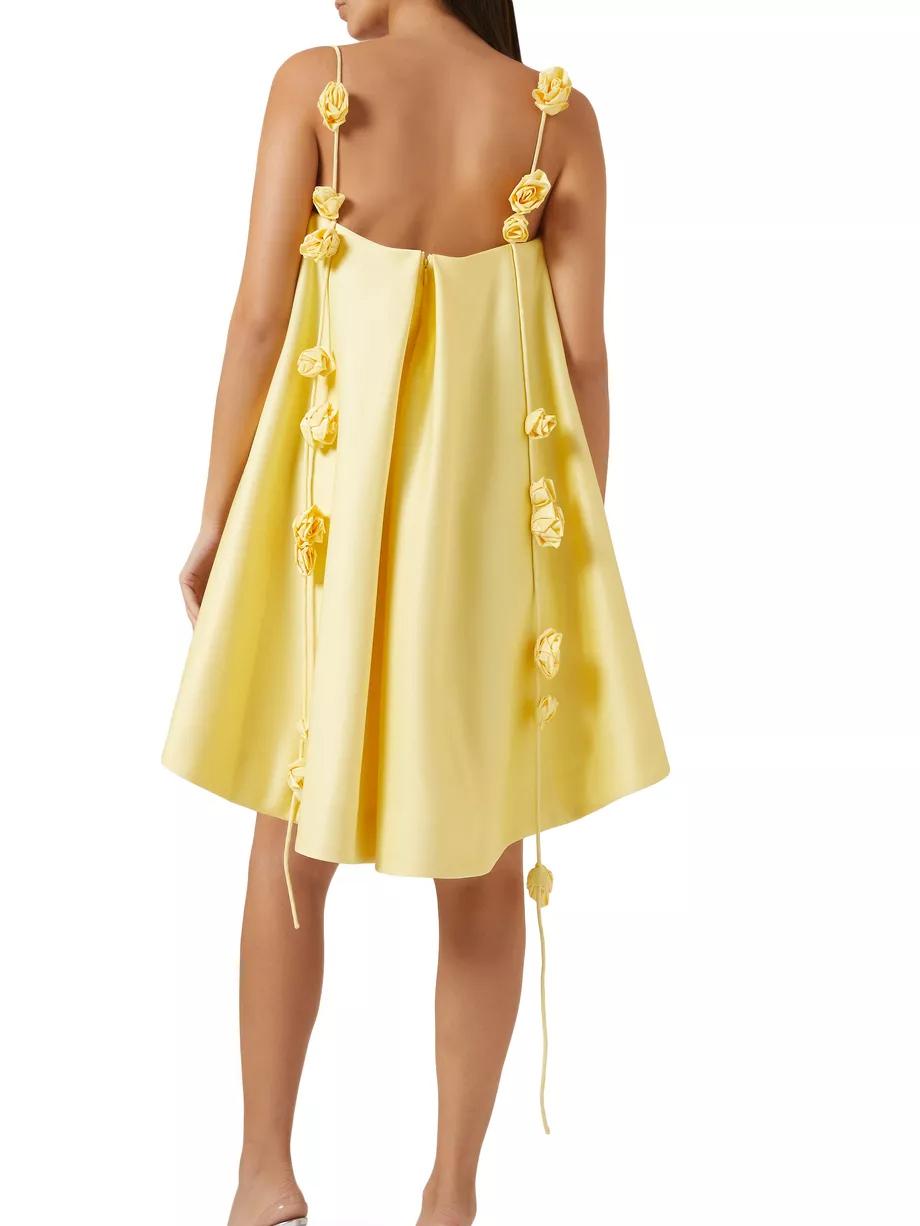 Spaghetti Strap Open Back 3D Rosette Applique Trapeze Mini Dress