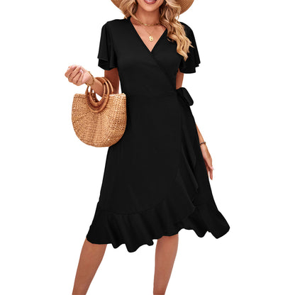 V-Neck Short Sleeve Irregular Midi Dress in Various Colors
