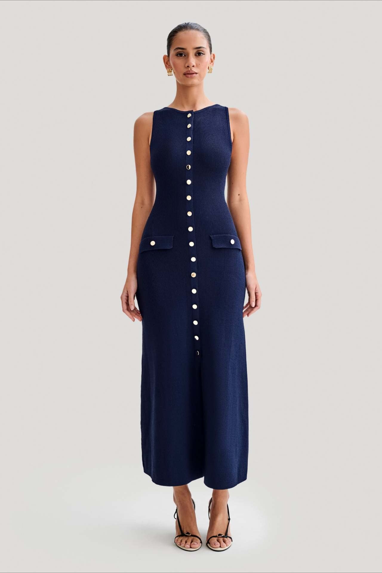 Buttoned Crewneck Sleeveless Knit Bodycon Maxi Sweater Dress