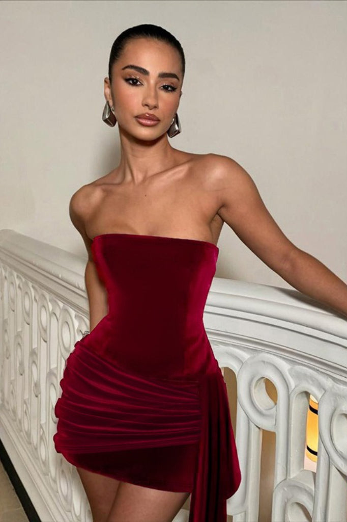Strapless Velvet Ruched Side Drape Panel Mini Dress