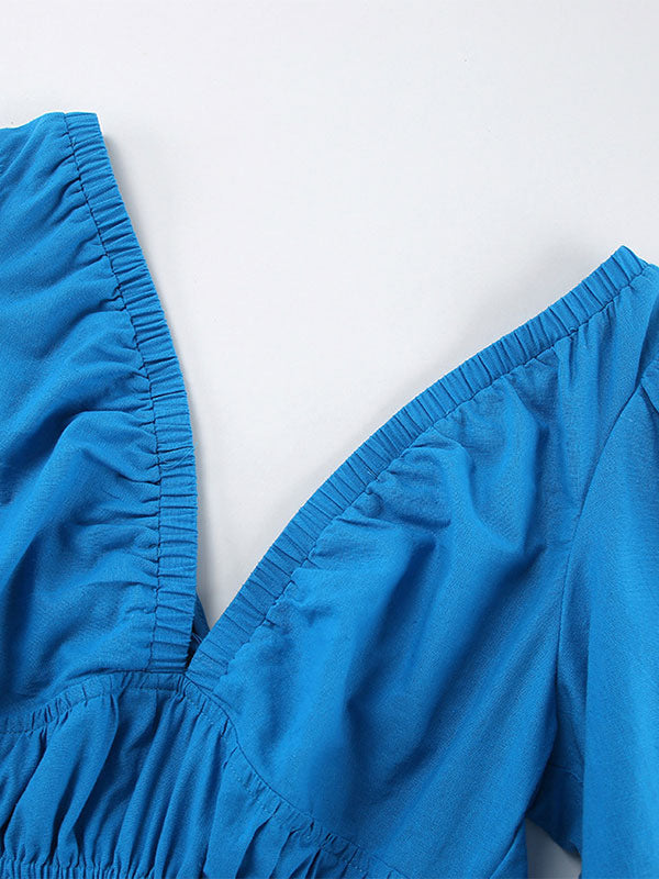 Summer Mini Dresses Blue V-Neck Lace Up Beach Dress
