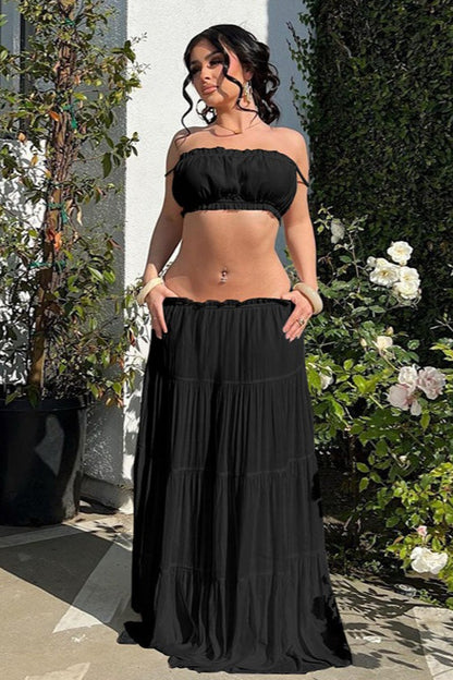 Vacation Style Solid Color Wrap Bodice Halter Skirt Set
