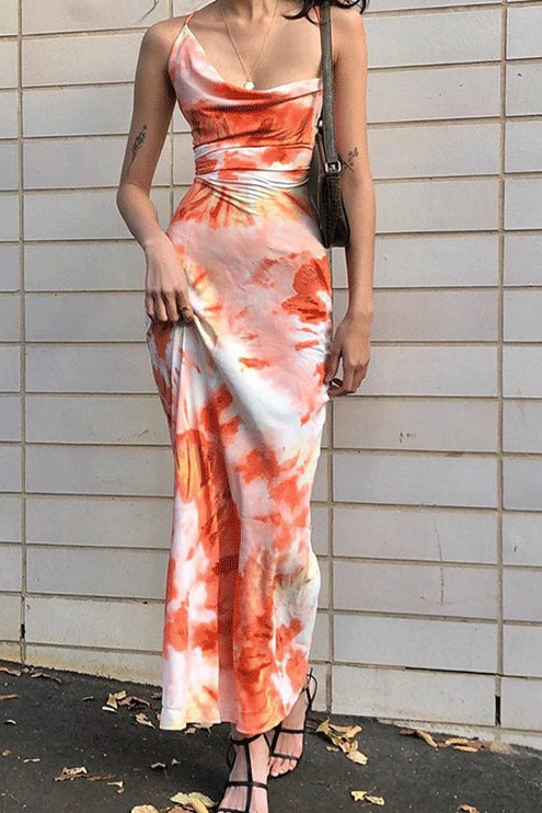 Cowl Neck Spaghetti Strap Tie Dye Bodycon Maxi Dress