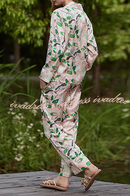 Swan Crane Printed Home Long Sleeved Two-piece Set