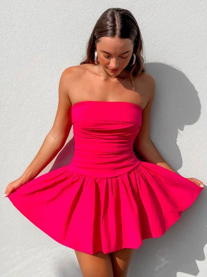 Pleated Skater Dresses Sleeveless Ruffles Sexy Flared Mini Dress