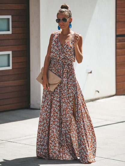 Floral Maxi Dress Sleeveless V Neck Split Summer Dress