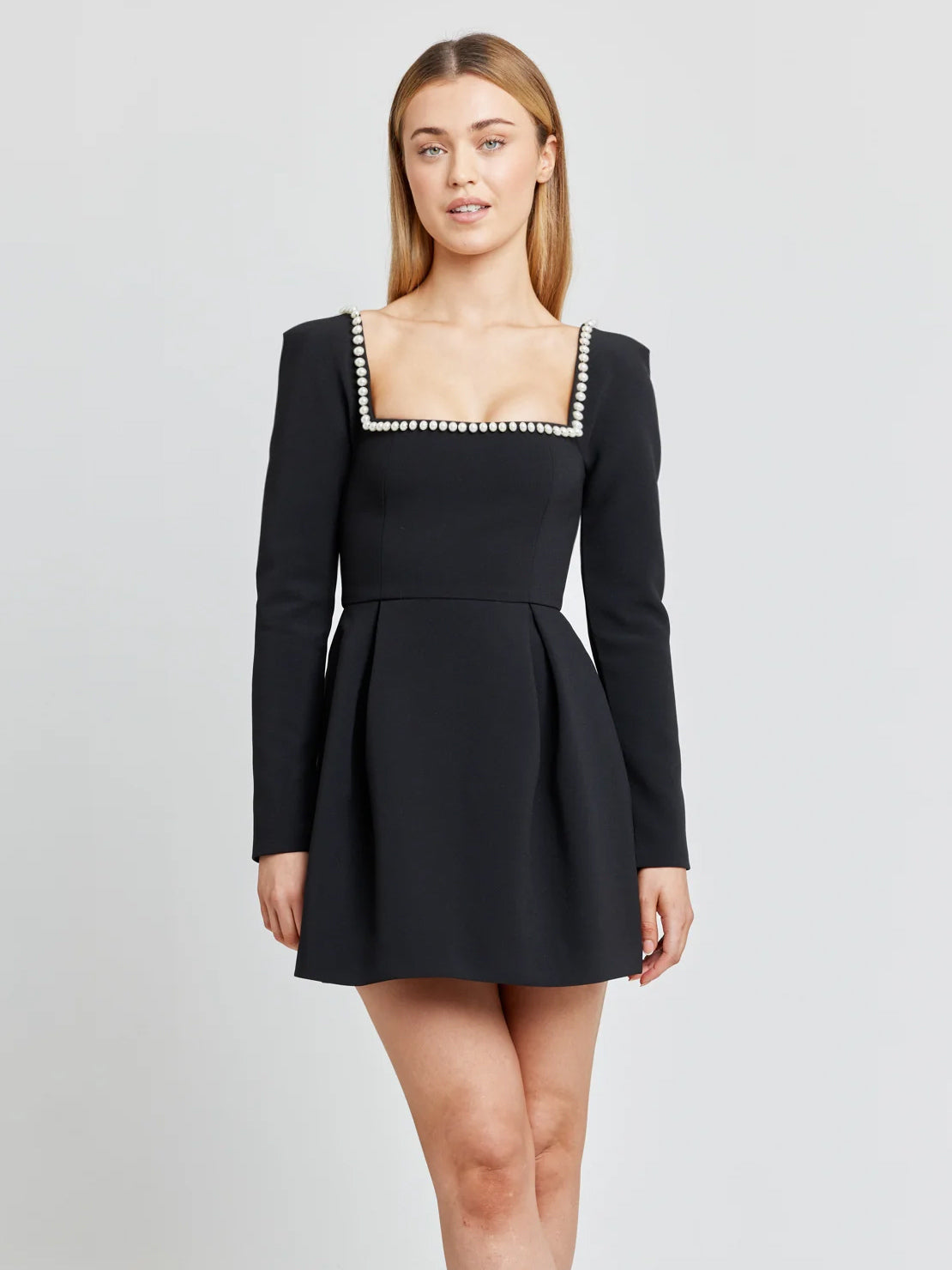 Black Mini Dress Sqaure Neck Long Sleeves Contrast Trim Graduation Dresses