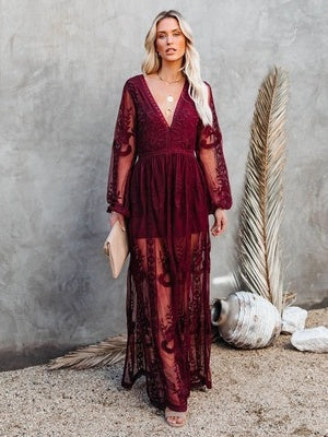 Lace Long-sleeved V-neck Solid Color Chiffon Long Dress