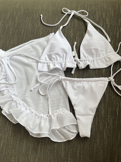 Mesh Skirt With Ruffled Trim, Solid Color Bikini Three-piece Set