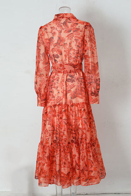 Sheer Floral Print Collared Button-Front Tie Belt Tiered Maxi Shirt Dress