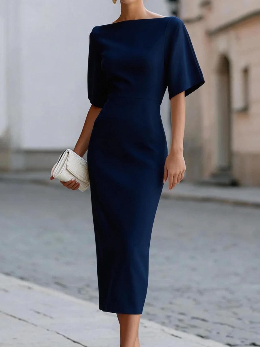 Solid Color Short-sleeved Fitted Waist Midi Dress