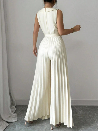 Commuting Suit Collar Pleated Pants Double-breasted Jumpsuits