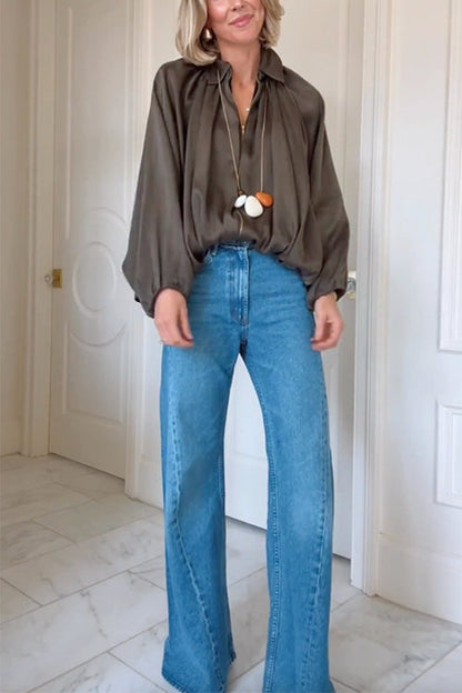 Margovil Lapel Batwing Sleeves Zip Up Bomber Jacket