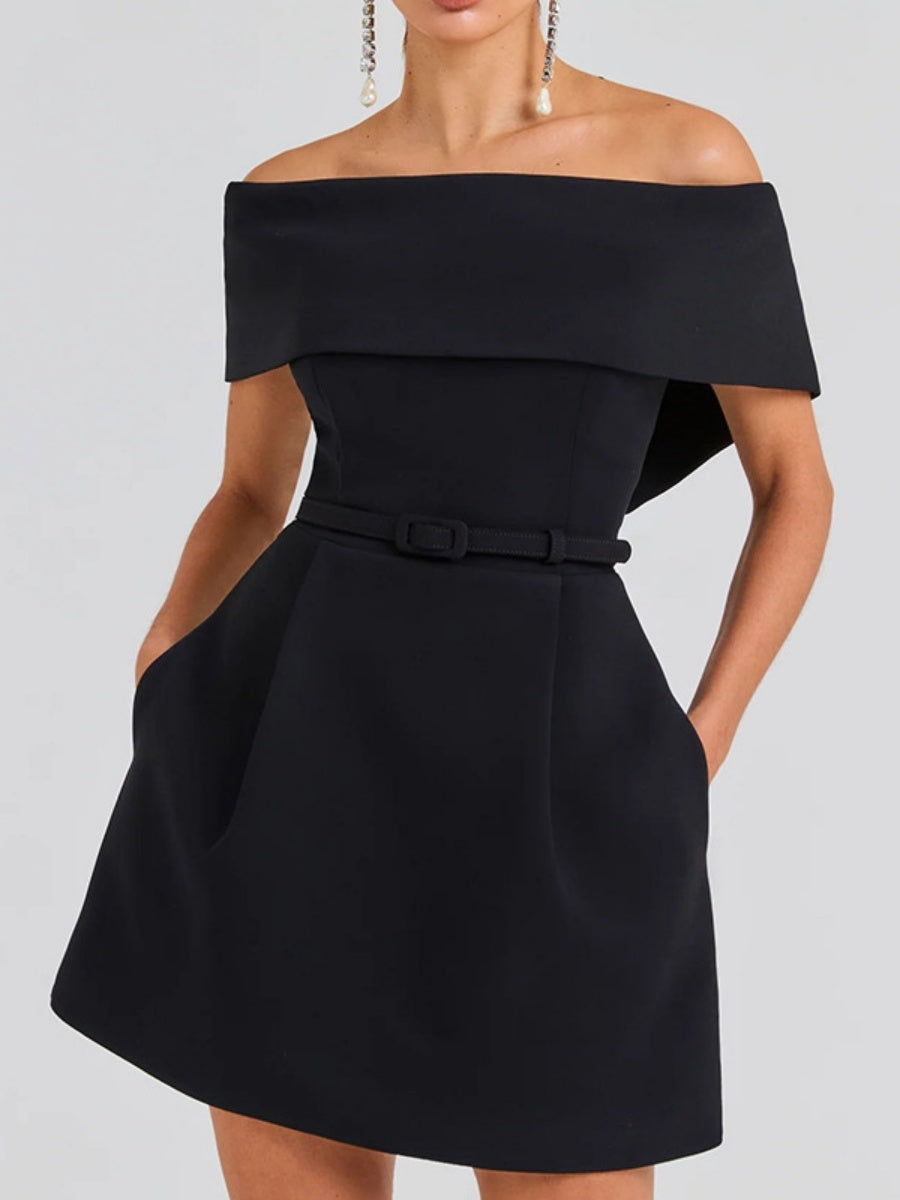 Off Shoulder Belts Formal Dress White Black Mini&Short Dresses
