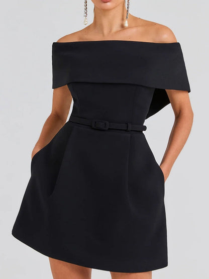Off Shoulder Belts Formal Dress White Black Mini&Short Dresses