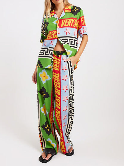 Printed Vacation Long-sleeved Shirt Pants Wide Leg Set 2-piece Sets