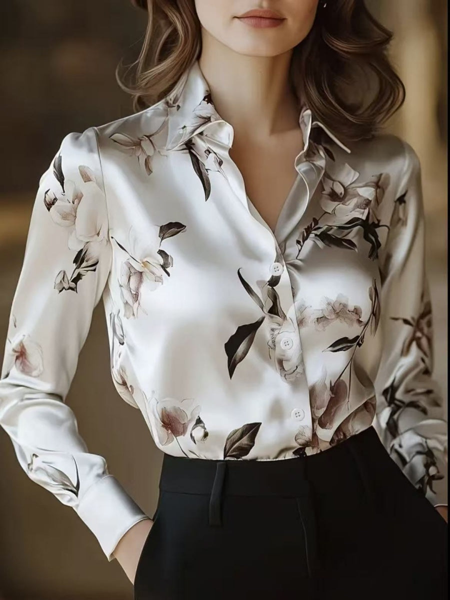 Printed Single-breasted Slim-fit Satin Casual Shirts