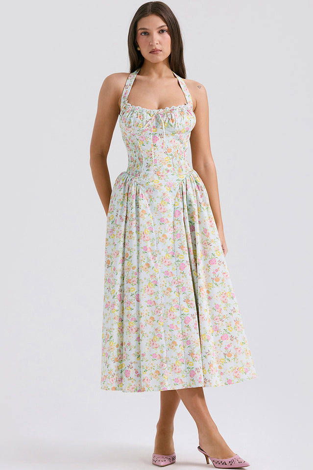 Halter Sweetheart Neck Lace Trim Ditsy Floral Corset Bodice Midi Dress