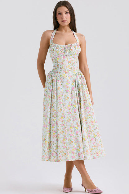 Halter Sweetheart Neck Lace Trim Ditsy Floral Corset Bodice Midi Dress