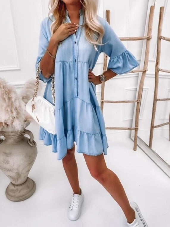 Washed Cotton Three-quarter Sleeve A-line Denim Midi Dress