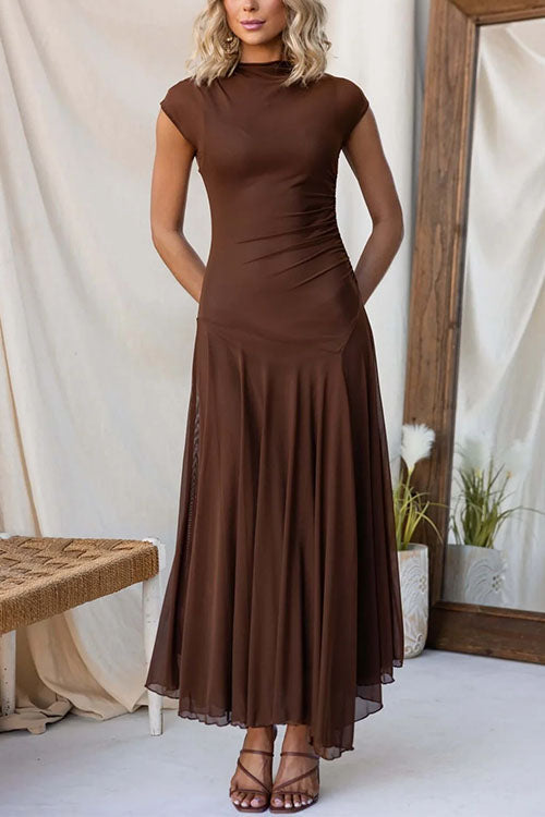 Mockneck Cap Sleeves Ruched Mesh Maxi Dress