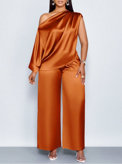 Satin Sloping Shoulders Short Sleeve Jacket Wide-leg Pants Set 2-piece Sets
