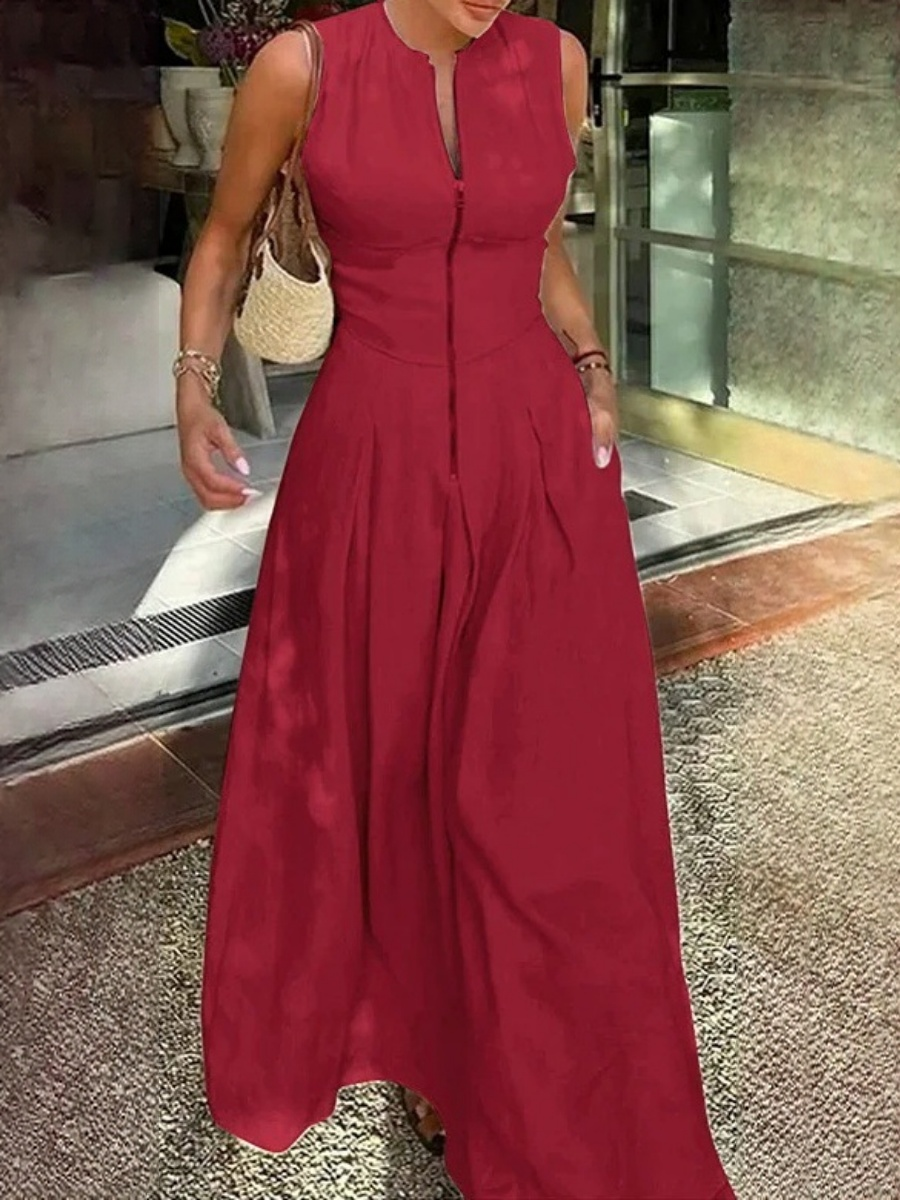 High-waisted Solid Color Sleeveless Zipper Long Dress