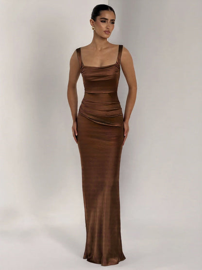 Dark Brown Satin Square Collar Pleated Maxi Dresses