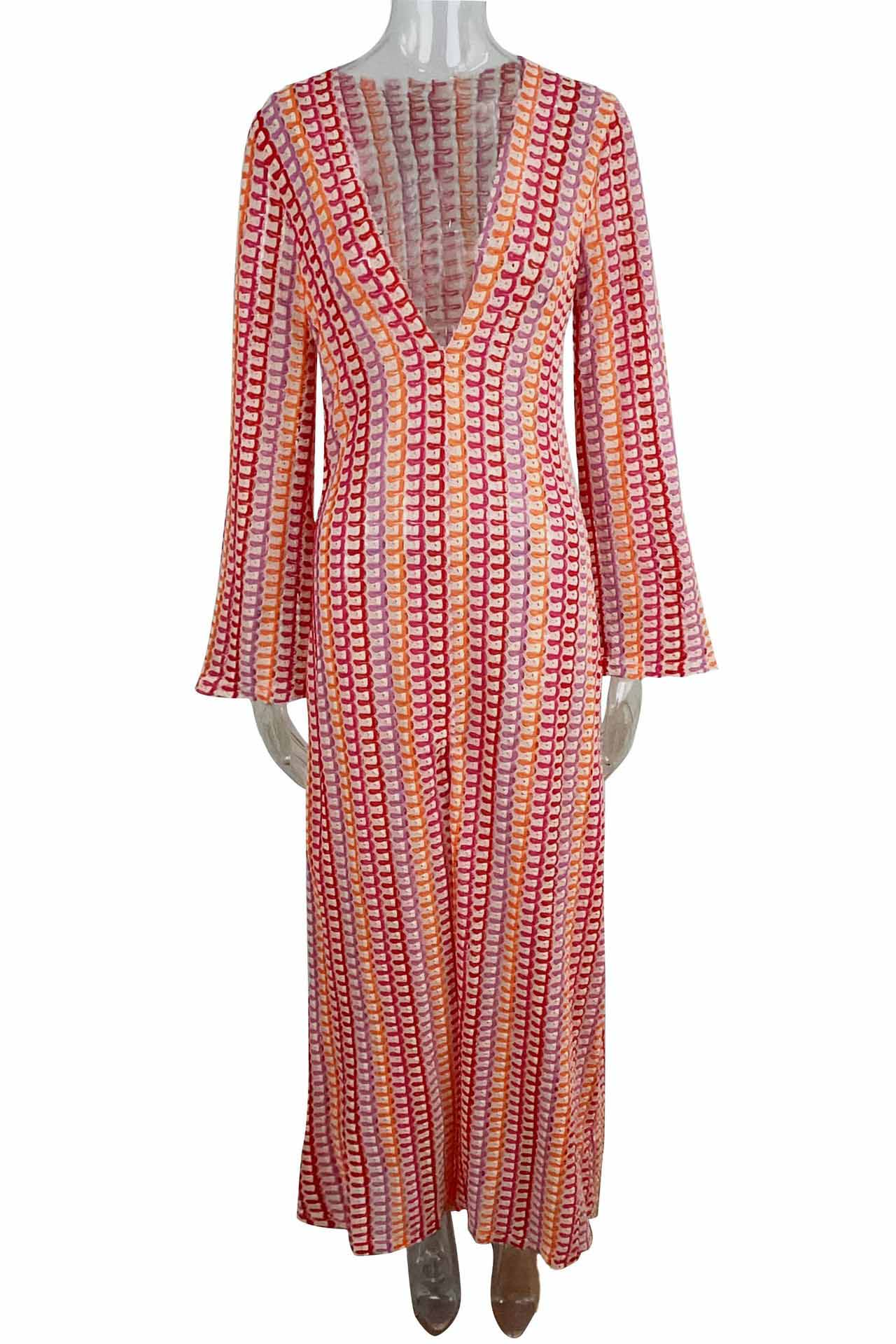 Scallop Circle Print Deep V-Neck Long Sleeve Front Slit Maxi Dress