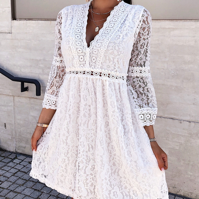 Floral Lace V-Neck Eyelet Trim Empire Waist A-Line Mini Dress