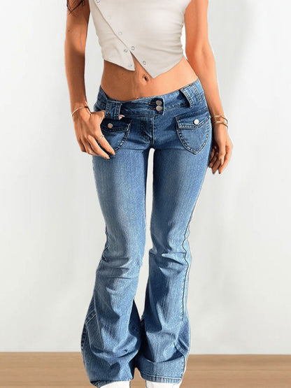 Washed Slim-fit High Stretch Low-rise Flared Jeans