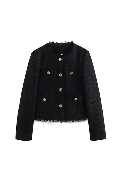 Button Up Frayed Hem Short Tweed Jacket
