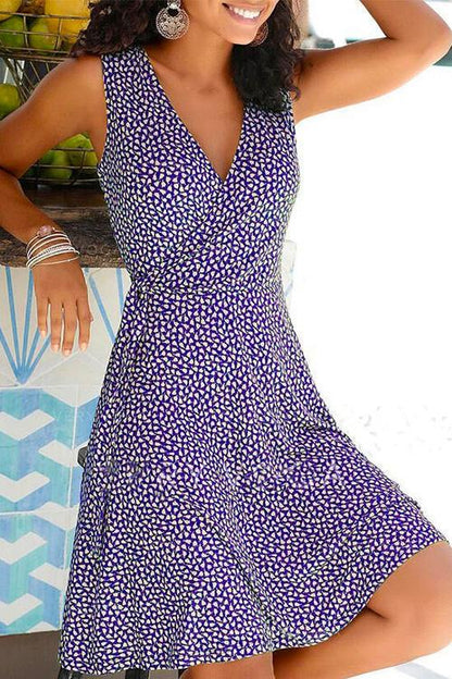 Margovil Wrap V Neck Printed Sleeveless Flowy Dress