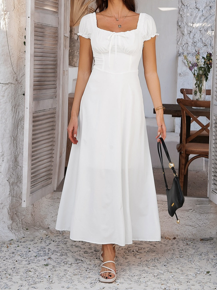 Tie-waist Ruched Puff Sleeve Long Dress