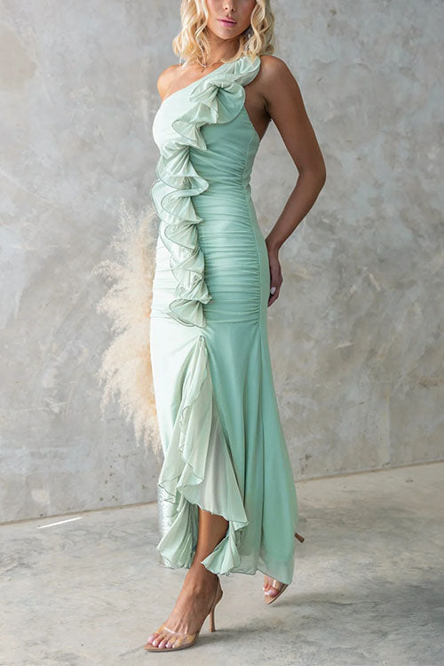 Margovil One Shoulder Slit Ruffle Mesh Maxi Dress