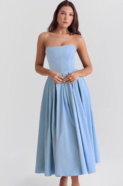 Strapless Princess Seam Pleated A-Line Midi Dress