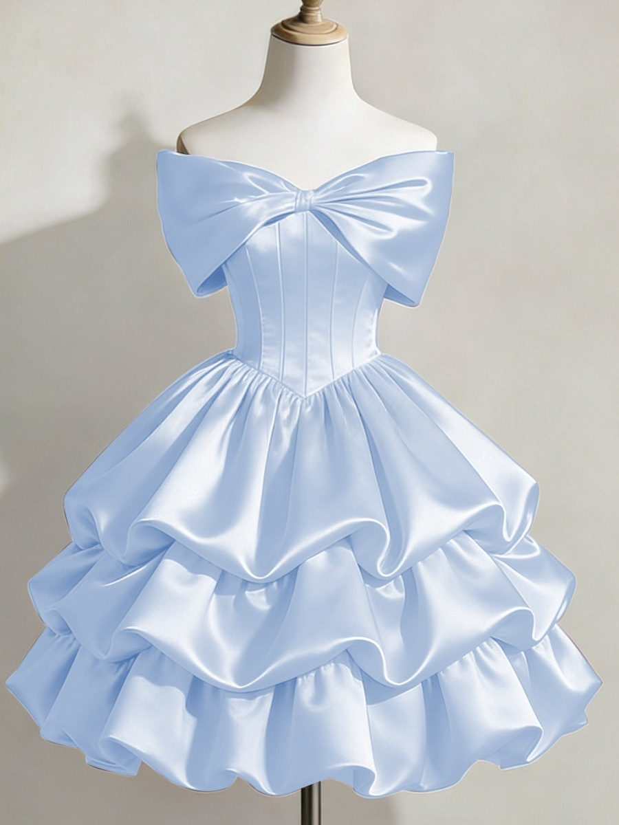 Satin Off-shoulder Bow Design Multi-layered Short Dress