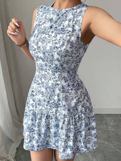 Bohemian Style French Elegance Floral Print Sleeveless Belted Short Dress